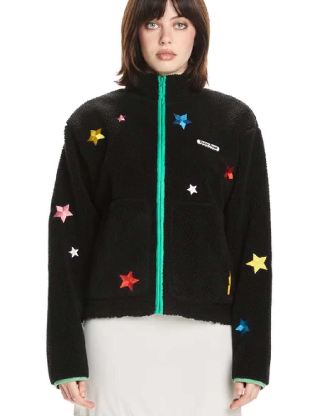 Teddy Fresh L Black Sherpa Jacket with Multicolor Star Embroidery